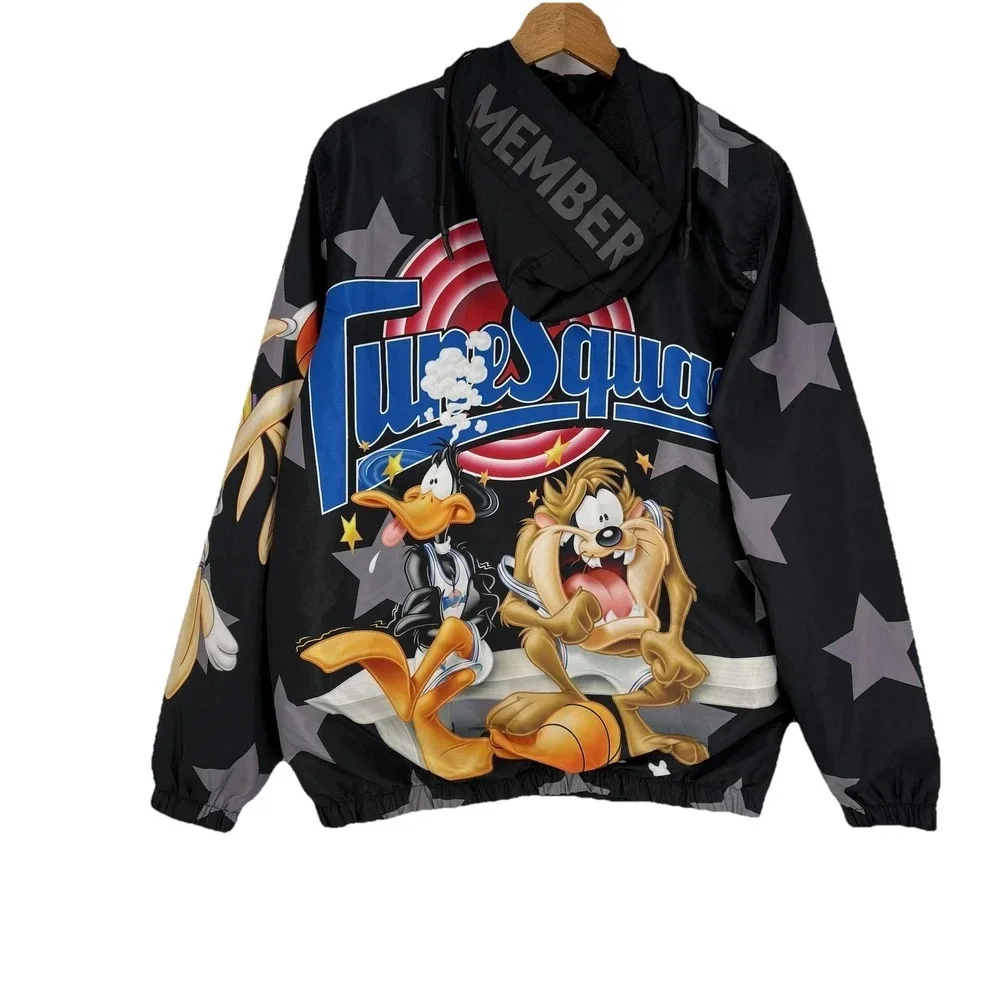 Members Only Jacket Mens Medium‎ Black Space Jam Tune Squad Hooded Windbreaker